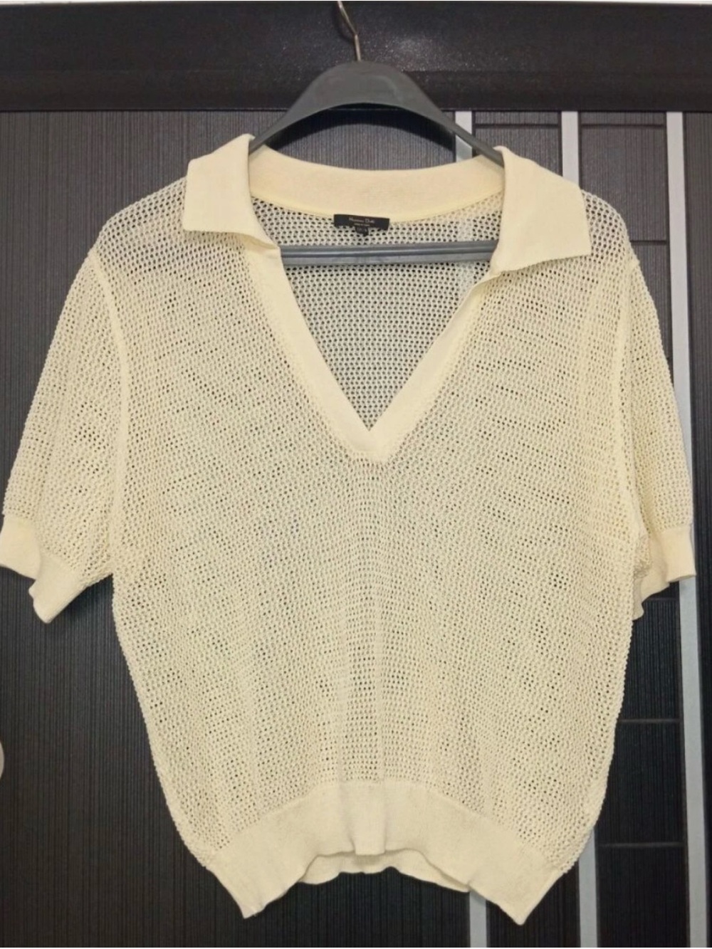 Massimo Dutti Cream Open-Knit V-Neck Short Sleeve shirt